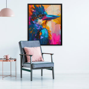 a painting of a colorful bird on a white wall