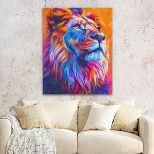 a painting of a lion on a wall above a couch