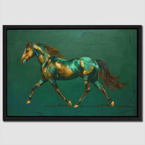 a painting of a running horse on a green background