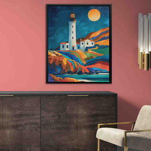a painting of a lighthouse on a pink wall