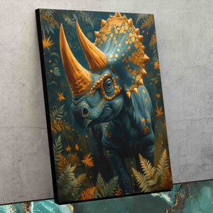 a painting of a blue rhino with gold horns