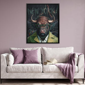 a living room with a couch and a painting of a bull