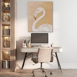 a home office with a painting of a flamingo on the wall