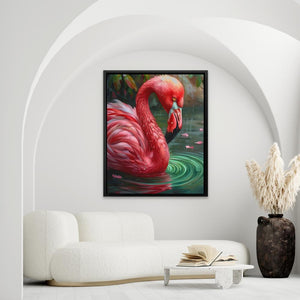 a painting of a pink flamingo in a living room