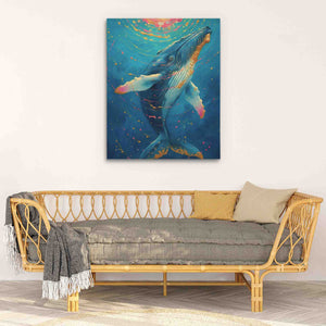 a painting of a humpback whale on a wall above a couch