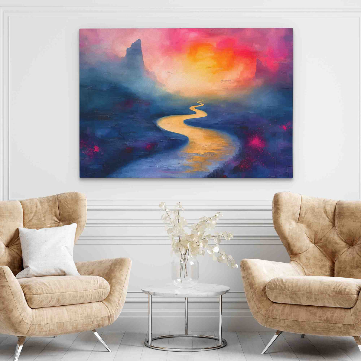 a living room with two chairs and a painting on the wall