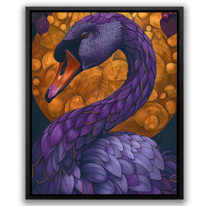 a painting of a purple bird with its mouth open