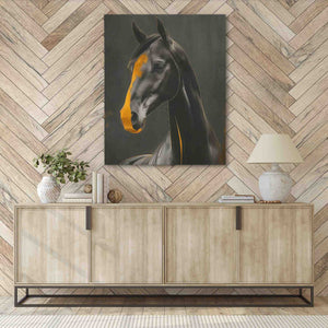 a painting of a horse on a wall above a sideboard