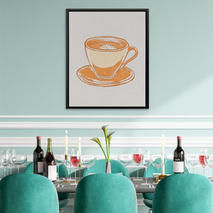 a picture of a coffee cup on the wall above a table