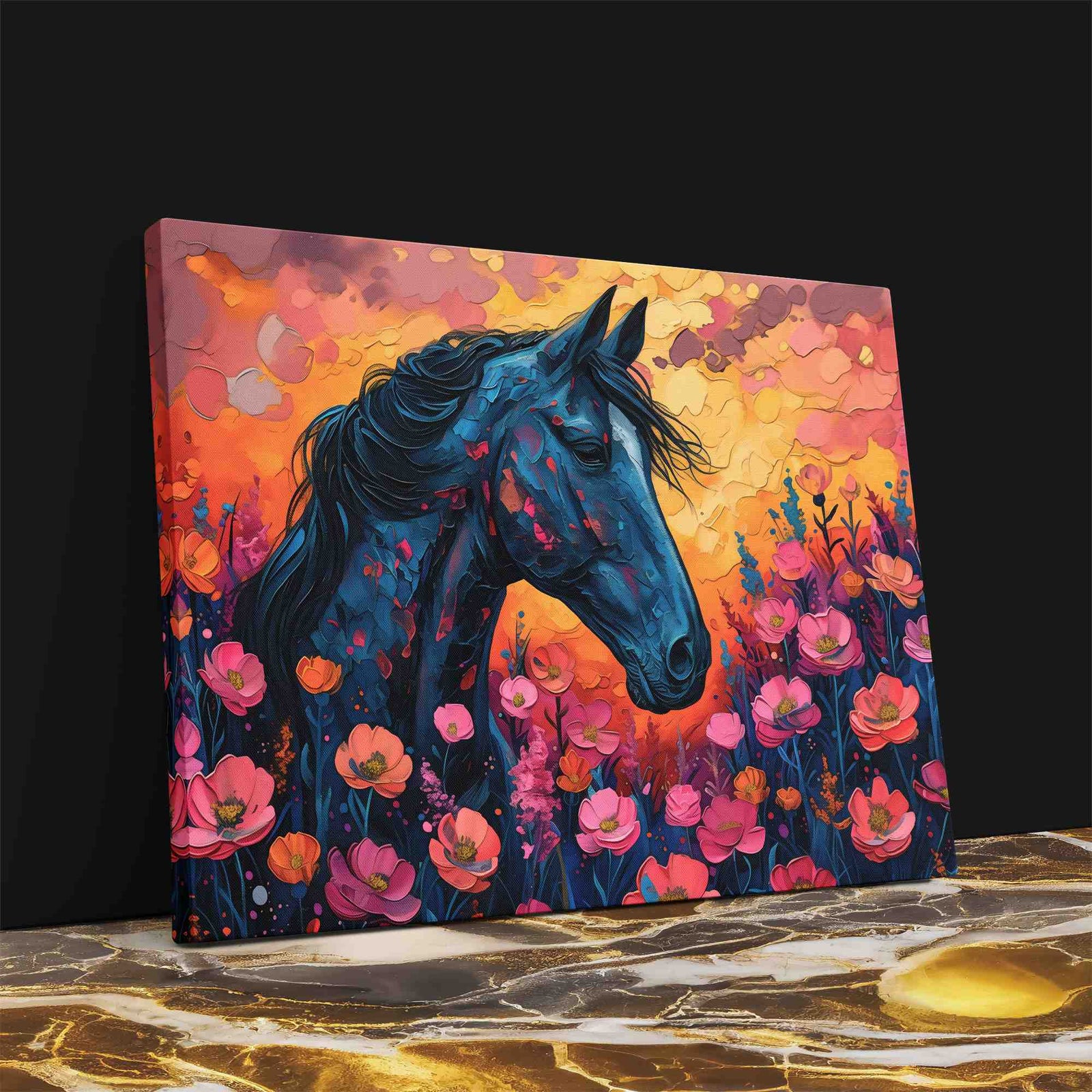 a painting of a horse in a field of flowers