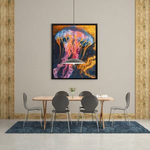 a dining room with a table and chairs and a painting on the wall