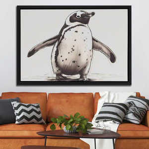 a living room with a couch and a painting of a penguin