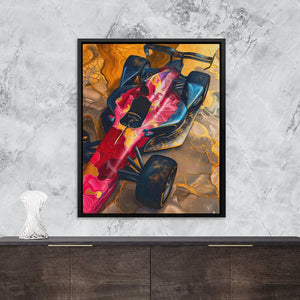 a painting of a racing car on a wall