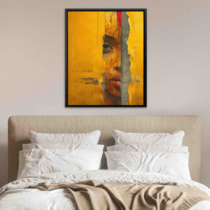 a painting of a man's face on a yellow wall above a bed