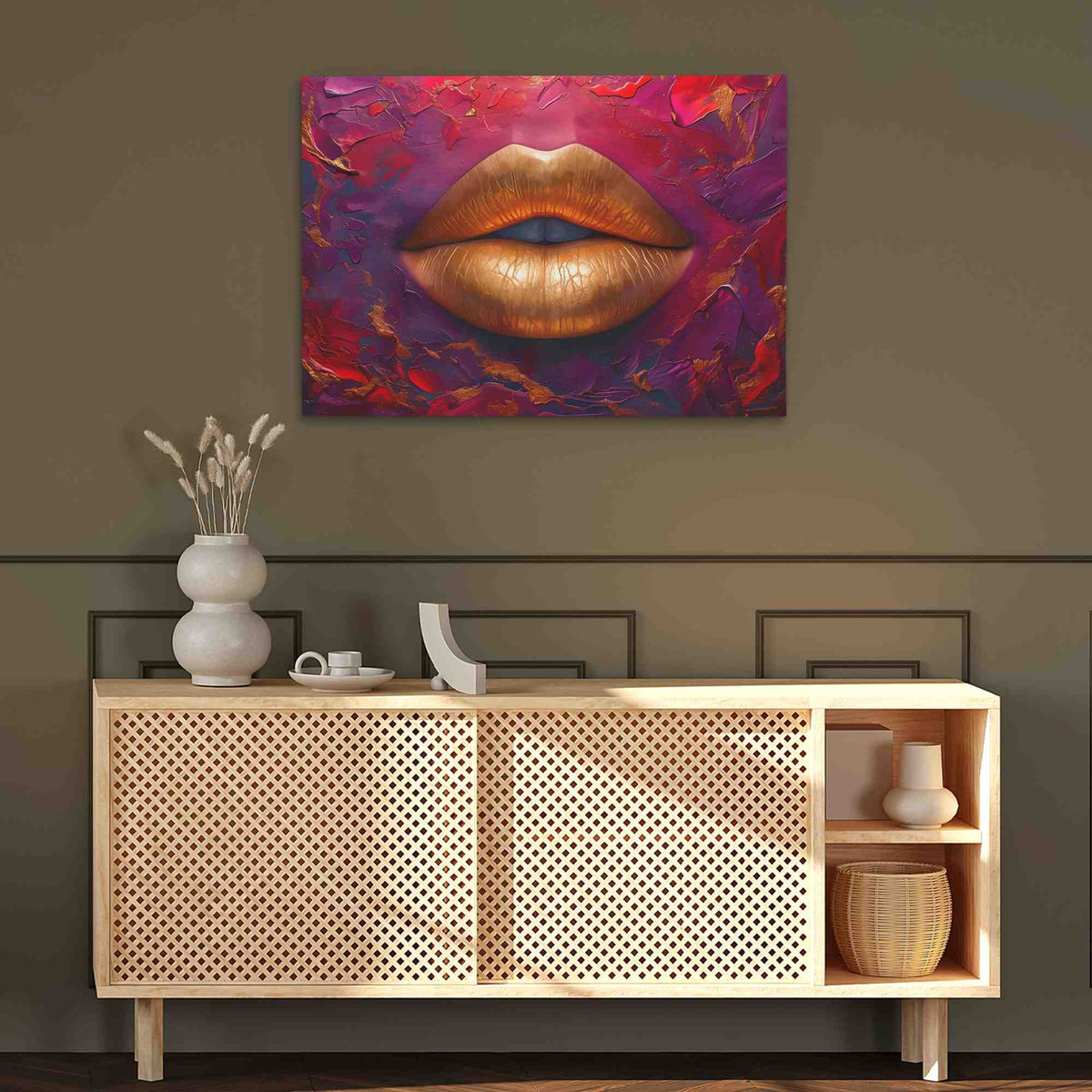a painting of a woman&#39;s lips on a wall