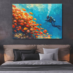 a painting of a man scubas over a coral reef