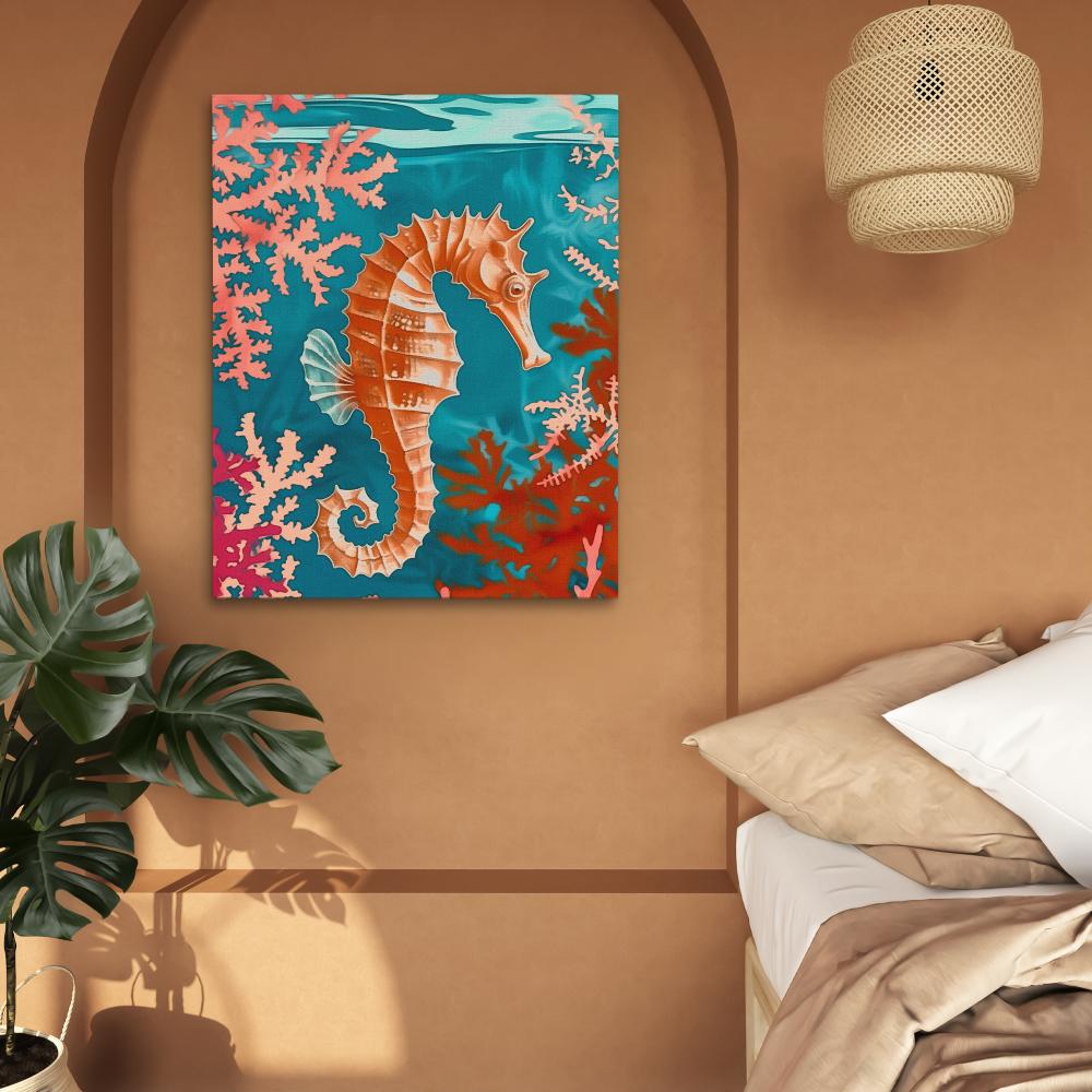 a painting of a sea horse on a blue background