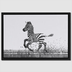 a black and white picture of a zebra running