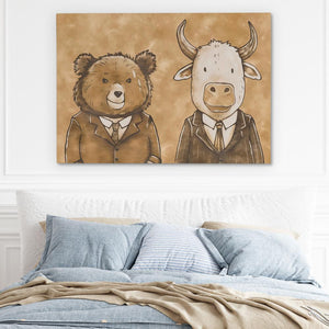 a bed with a painting of a cow and a bear on it