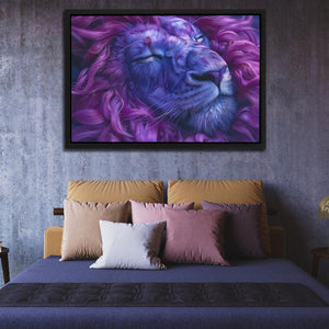 a picture of a lion on a wall above a bed