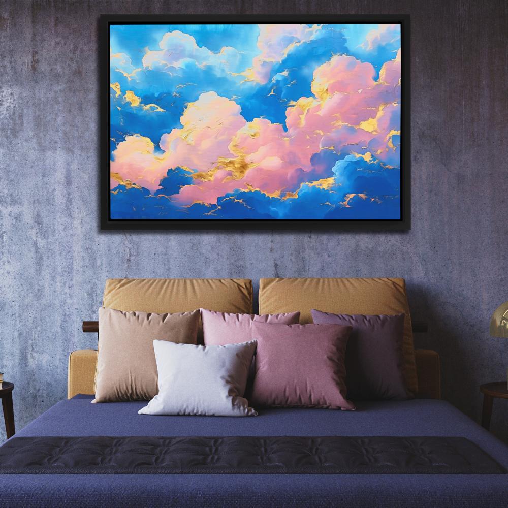 a painting of pink and blue clouds on a white wall