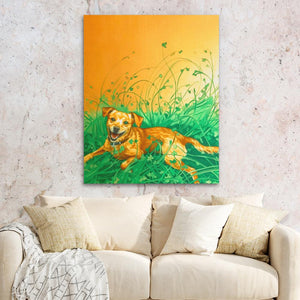 a painting of a dog laying in the grass