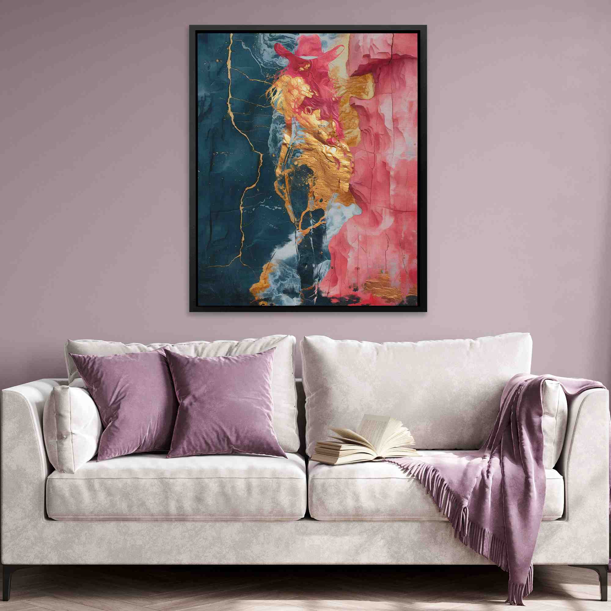 an abstract painting with gold and pink colors