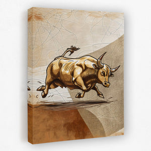 a painting of a bull running across a field