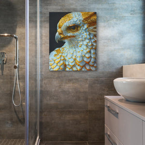 a bathroom with a glass shower door and a painting of a bird on the wall