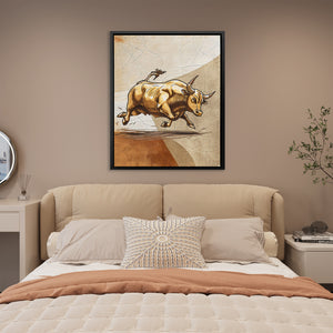 a picture of a bull running across a bed