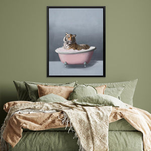 a tiger sitting in a bathtub in a bedroom