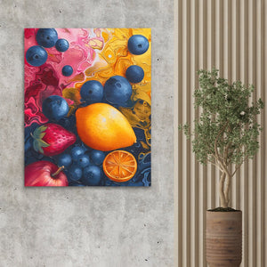 a painting of blueberries and oranges on a wall