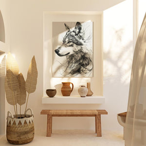 a picture of a wolf on a wall above a bench