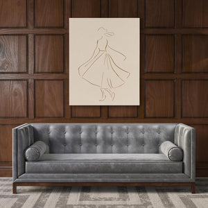 a drawing of a woman in a dress on a wall above a couch