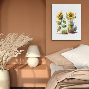 a bedroom with a bed and a vase with sunflowers