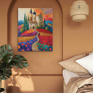 a painting of a castle on a wall above a bed