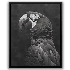 a black and white photo of a parrot