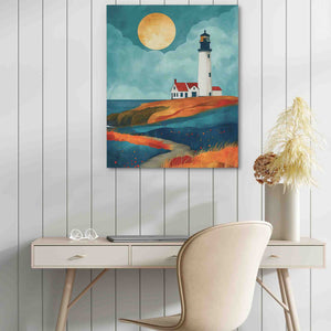 a painting of a lighthouse with a full moon in the background