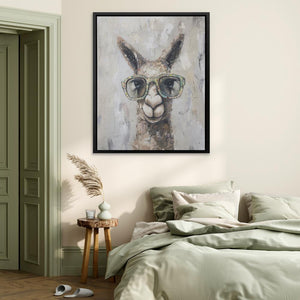 a painting of a llama wearing glasses in a bedroom