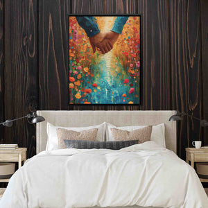 a bed with a white comforter and a painting on the wall