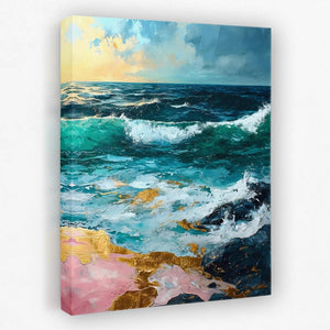 a painting of waves crashing on a beach