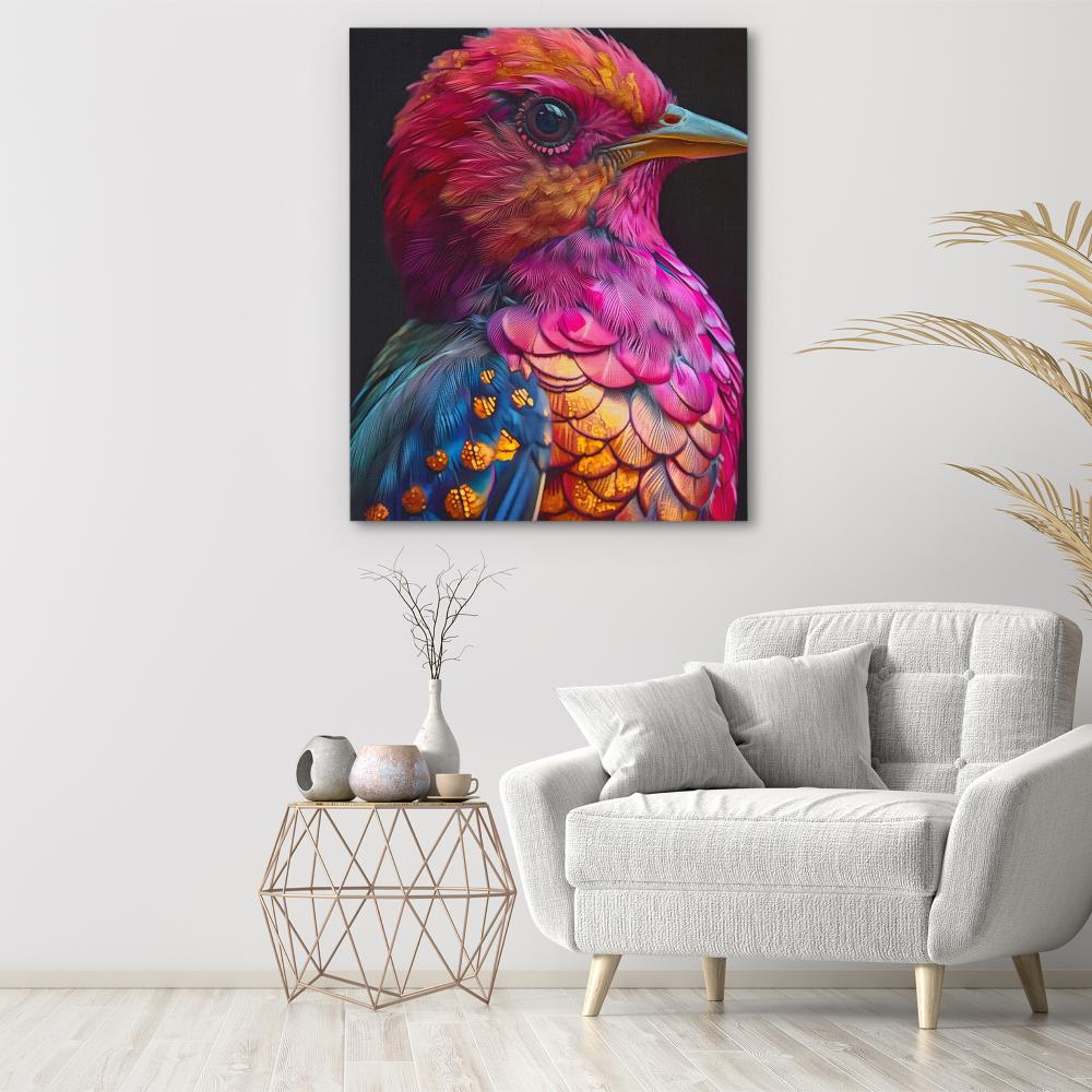 a painting of a colorful bird on a black background