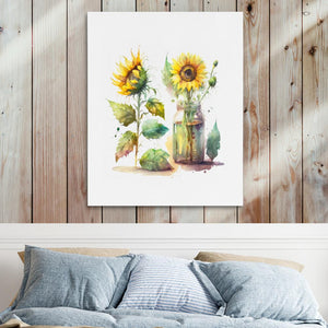 a painting of sunflowers in a mason jar on a bed