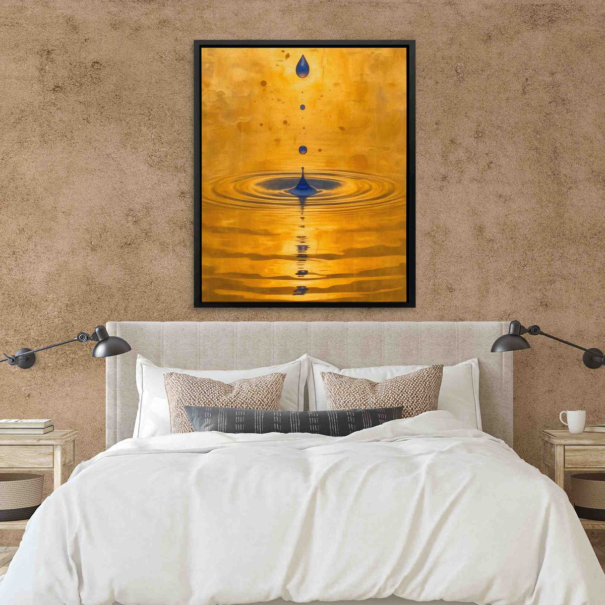 a bedroom with a large bed and a painting on the wall