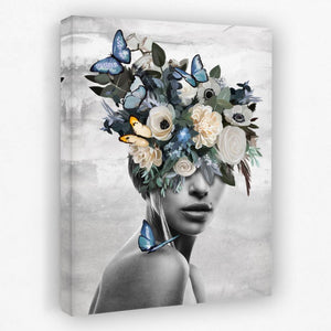 a woman with flowers and butterflies on her head