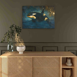 a painting of an orca on a wall above a cabinet