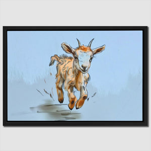 a painting of a baby goat running in the snow