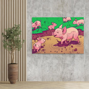 a painting of pigs in a pond of water