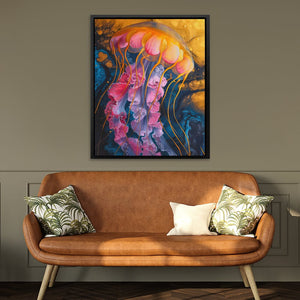 a living room with a couch and a painting on the wall