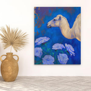 a painting of a white horse and blue flowers